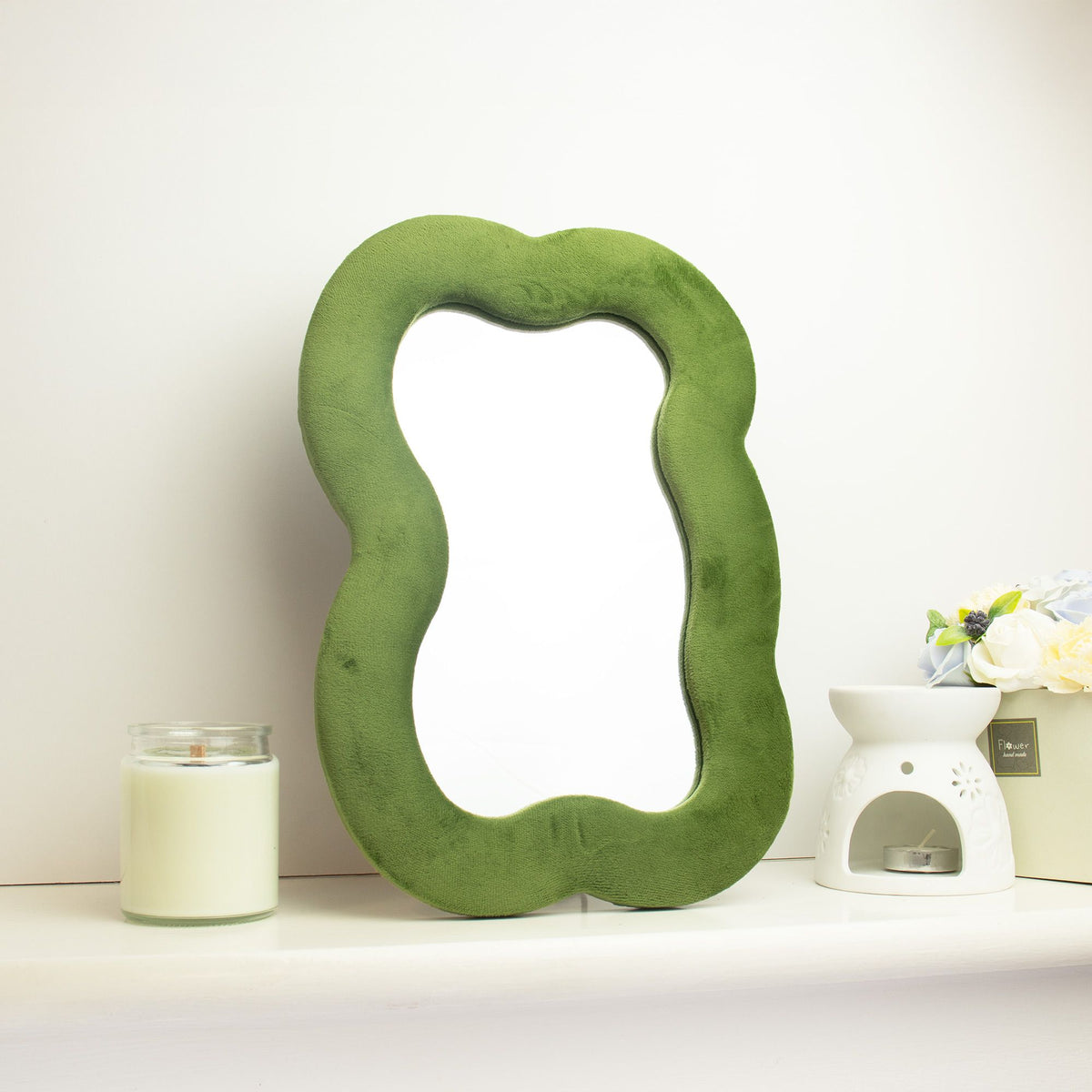 Moss Green Cloud Mirror: Velvet Padded Frame Wall Mirror