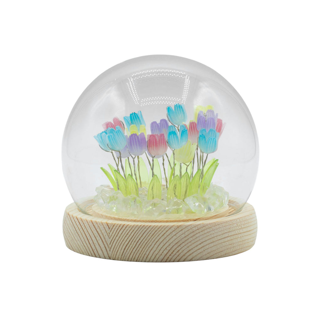 Multi Tulip Glow Dome: 20 Tulips LED Glass Dome Lamp with Wooden Base