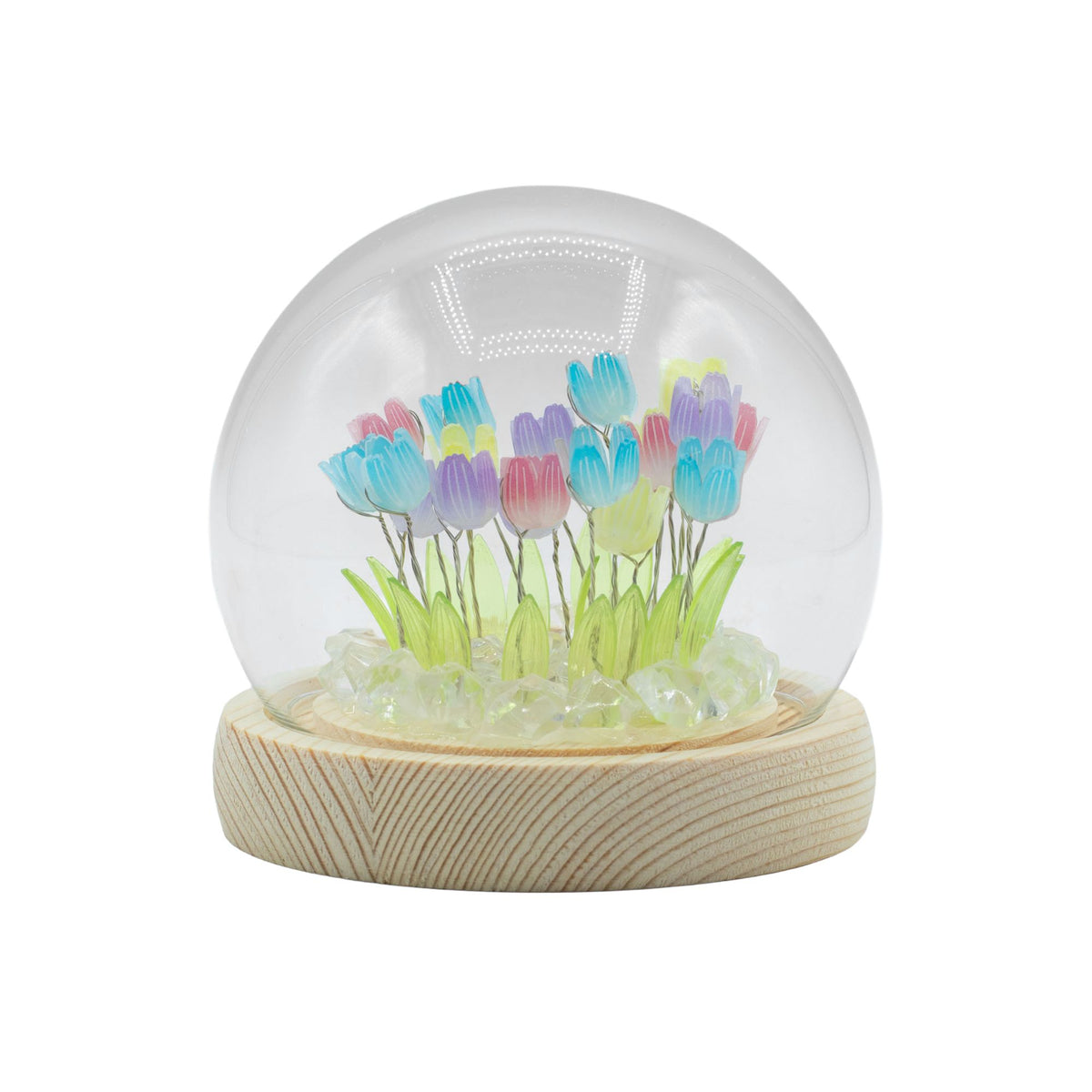 Multi Tulip Glow Dome: 20 Tulips LED Glass Dome Lamp with Wooden Base