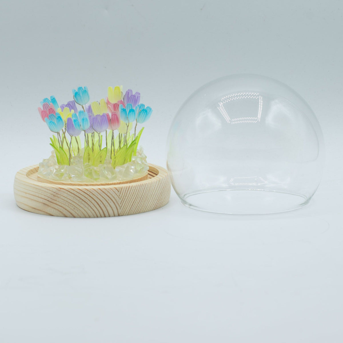 Multi Tulip Glow Dome: 20 Tulips LED Glass Dome Lamp with Wooden Base