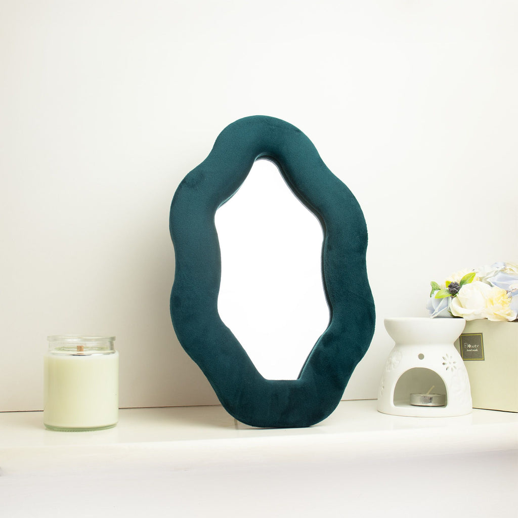 Teal Velvet Oval Mirror: Small Decorative Mirror with Stand and Hook