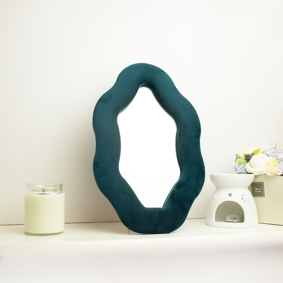 Teal Velvet Oval Mirror: Small Decorative Mirror with Stand and Hook
