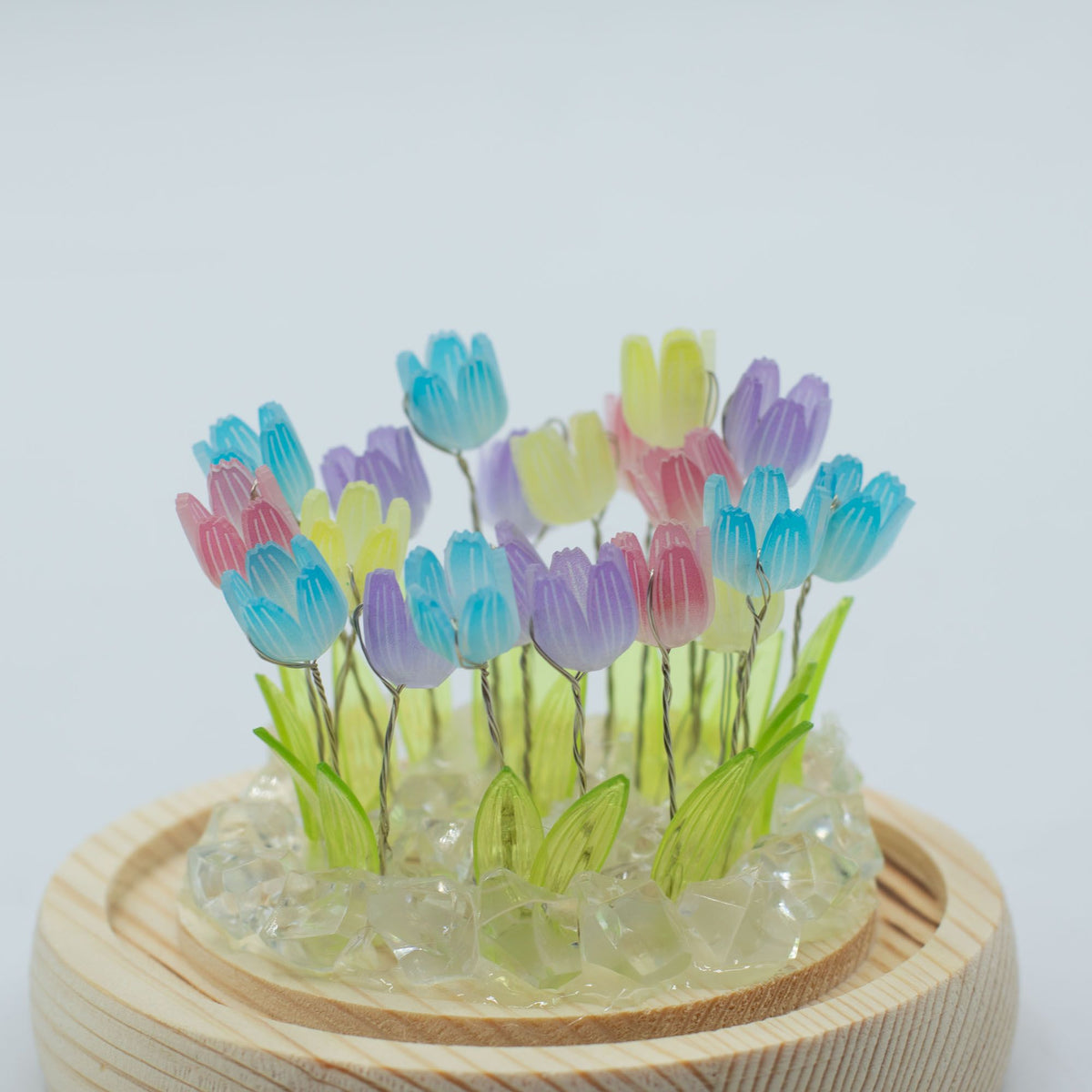 Multi Tulip Glow Dome: 20 Tulips LED Glass Dome Lamp with Wooden Base