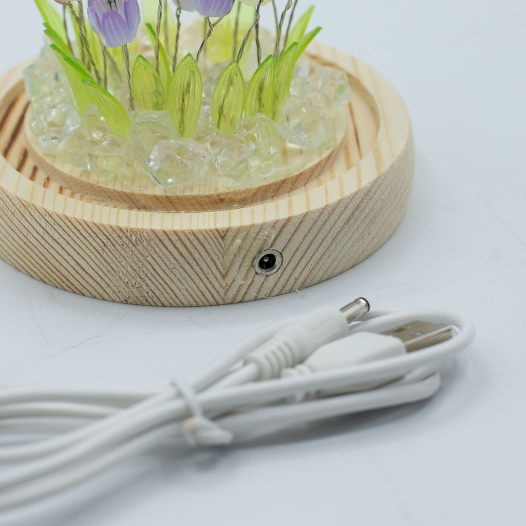 Multi Tulip Glow Dome: 20 Tulips LED Glass Dome Lamp with Wooden Base
