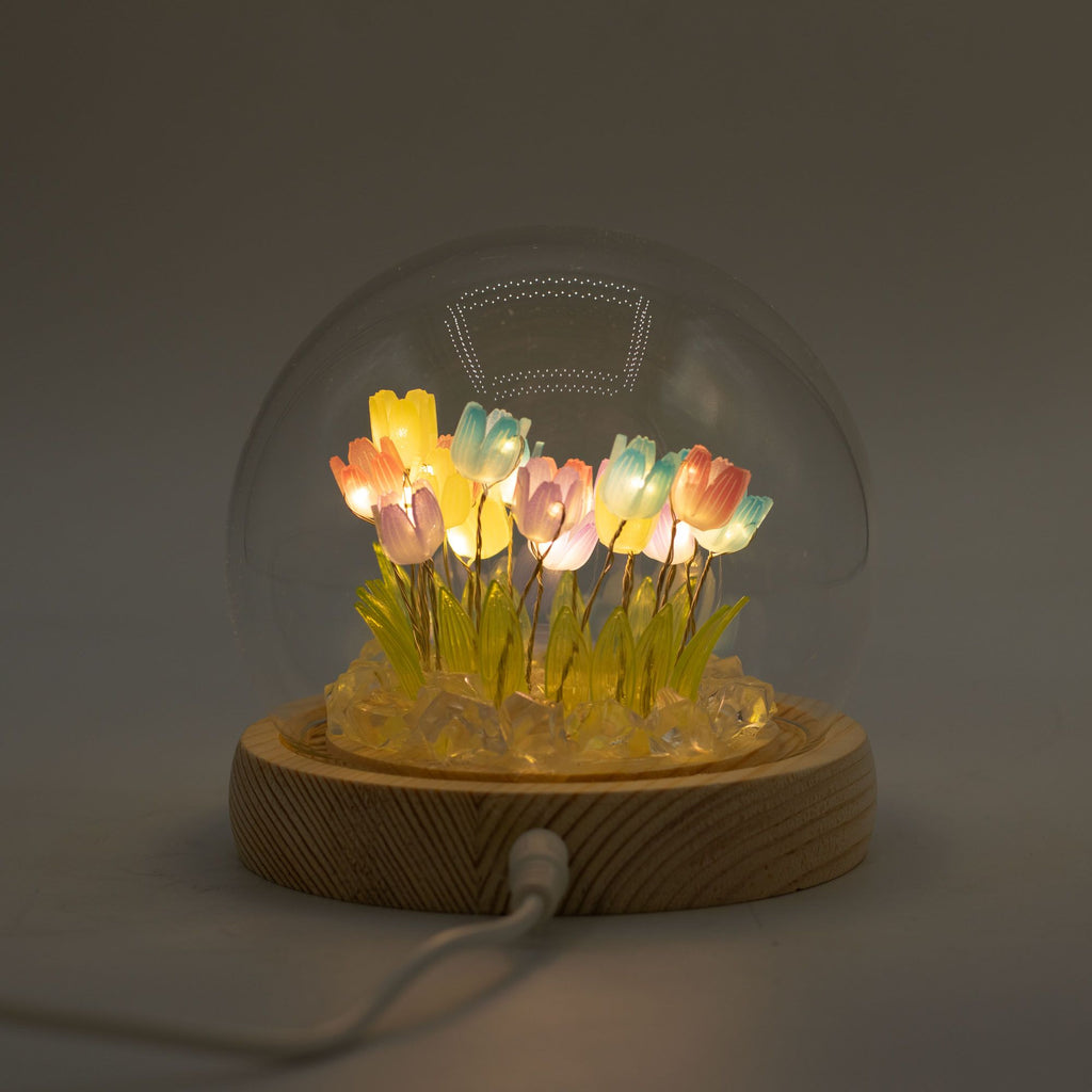 Multi Tulip Glow Dome: 20 Tulips LED Glass Dome Lamp with Wooden Base