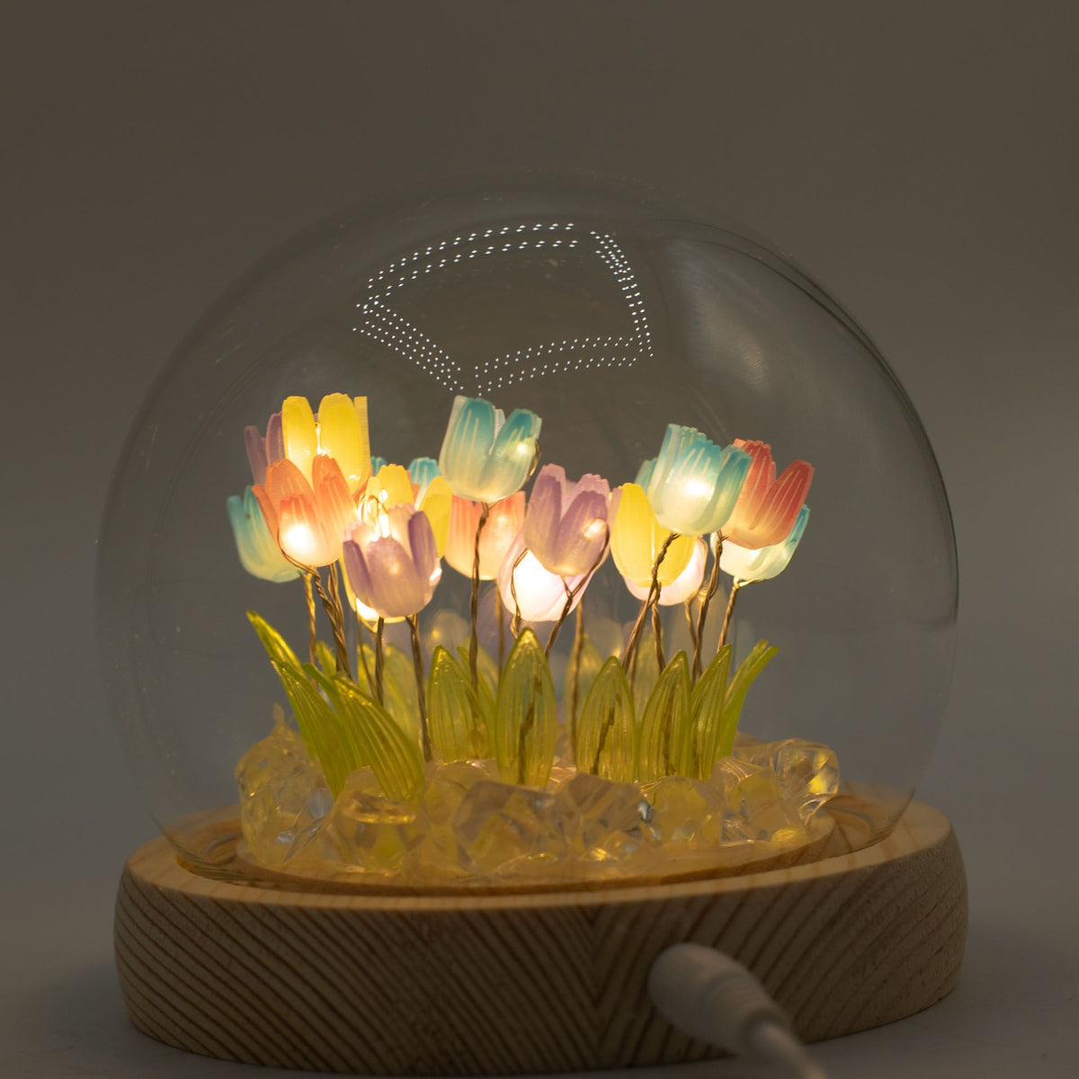 Multi Tulip Glow Dome: 20 Tulips LED Glass Dome Lamp with Wooden Base