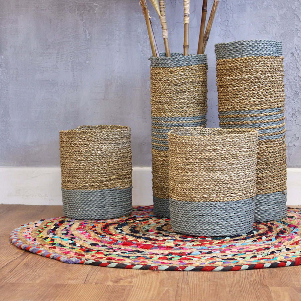 Seagrass & Grey Raffia Set | 2 Vases & 2 Woven Bins