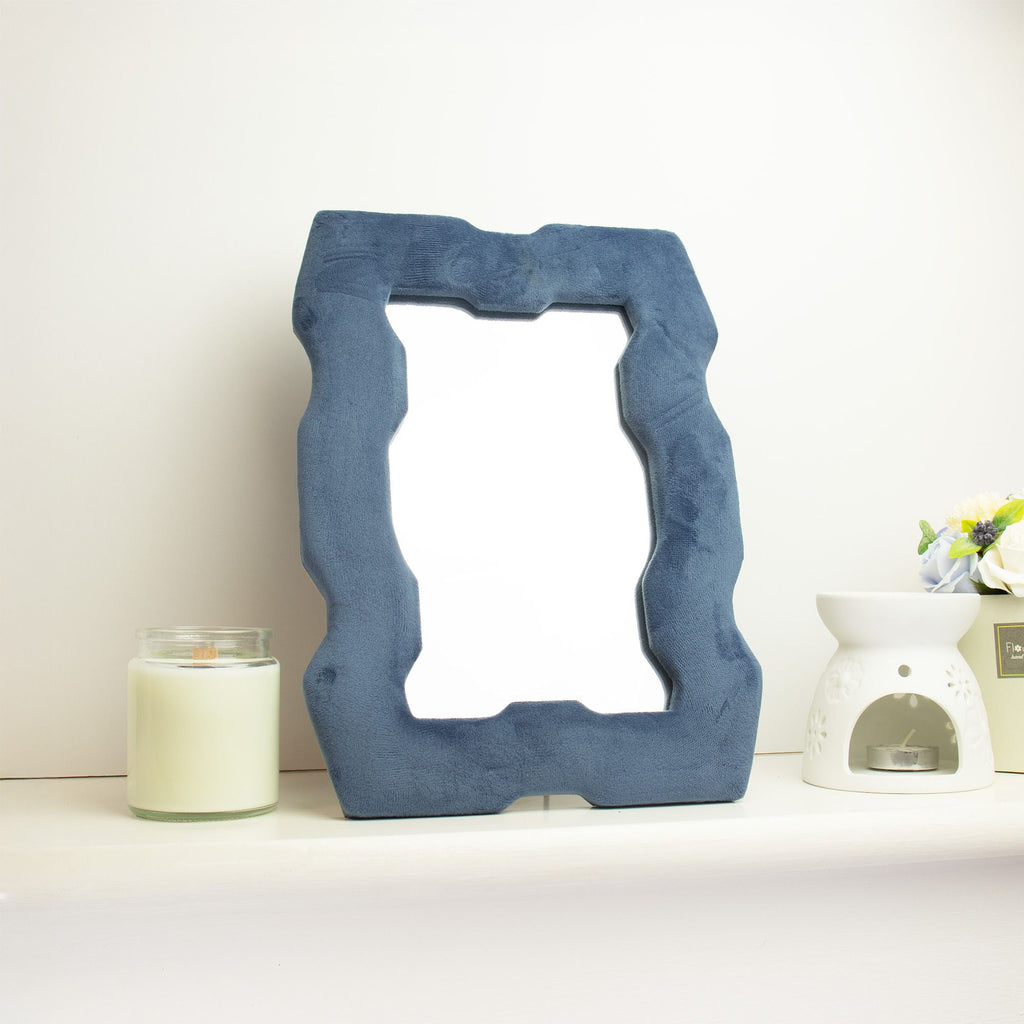 Velvet Wavy Mirror: Royal Blue Dressing Table Mirror with Stand