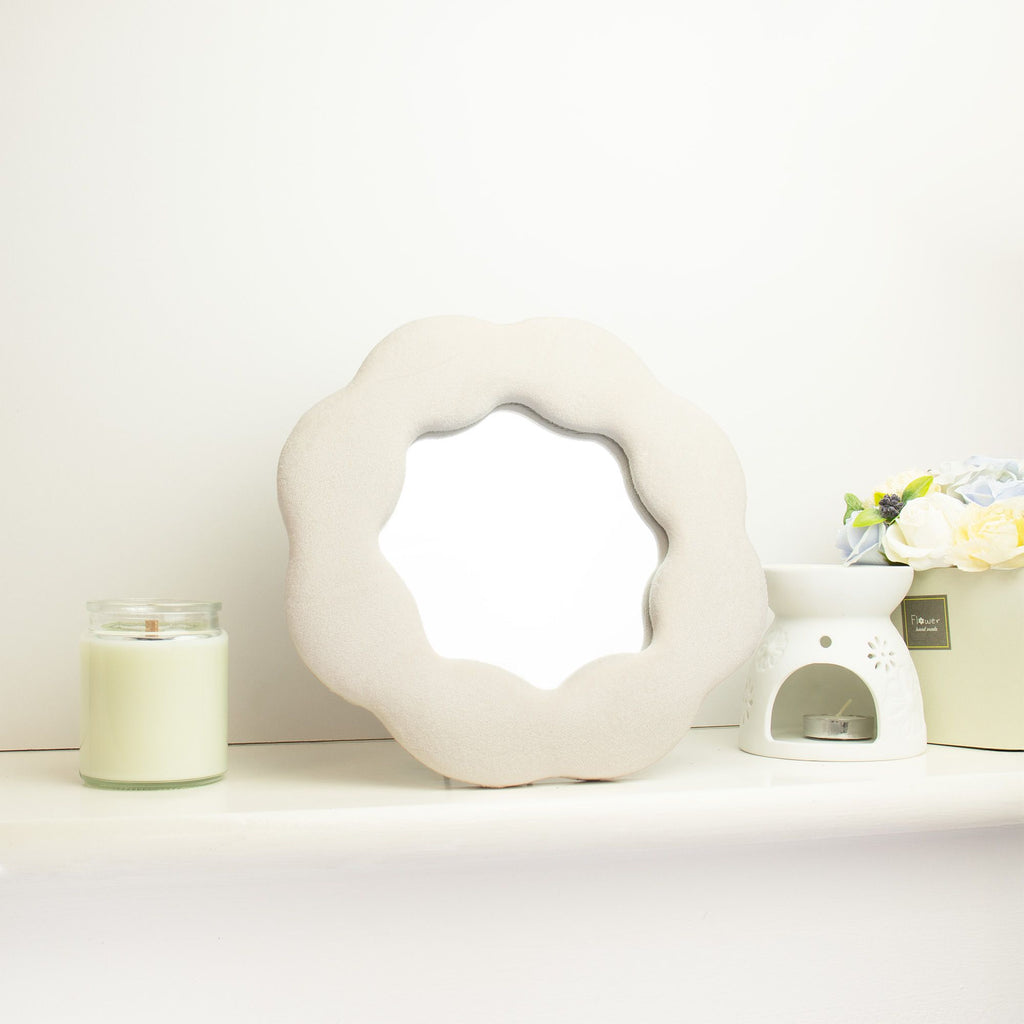 Neutral Flower Mirror: Small Padded Wall Mirror for Shelves & Dressing Tables