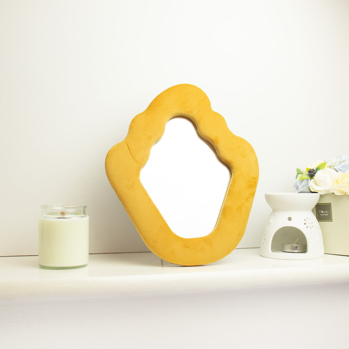Yellow Wavy Mirror: Small Padded Mirror for Shelves, Desks & Walls