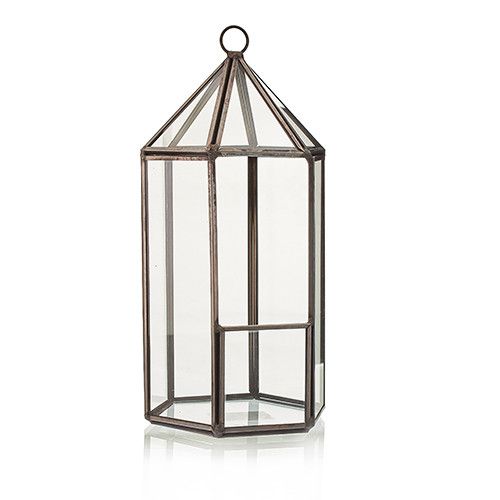 Tall Slim Geometric Glass Terrarium with Brass Frame | Lantern Shape