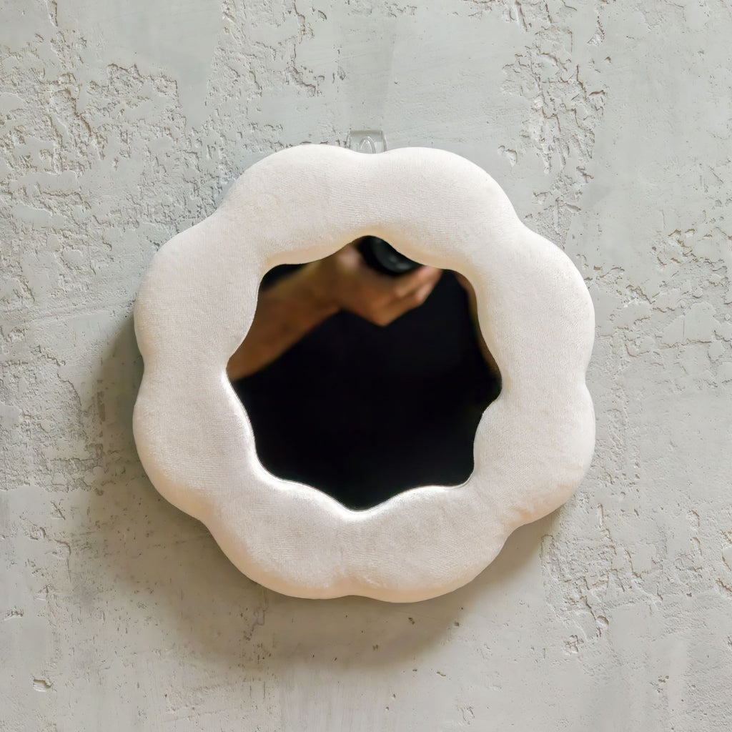 Neutral Flower Mirror: Small Padded Wall Mirror for Shelves & Dressing Tables